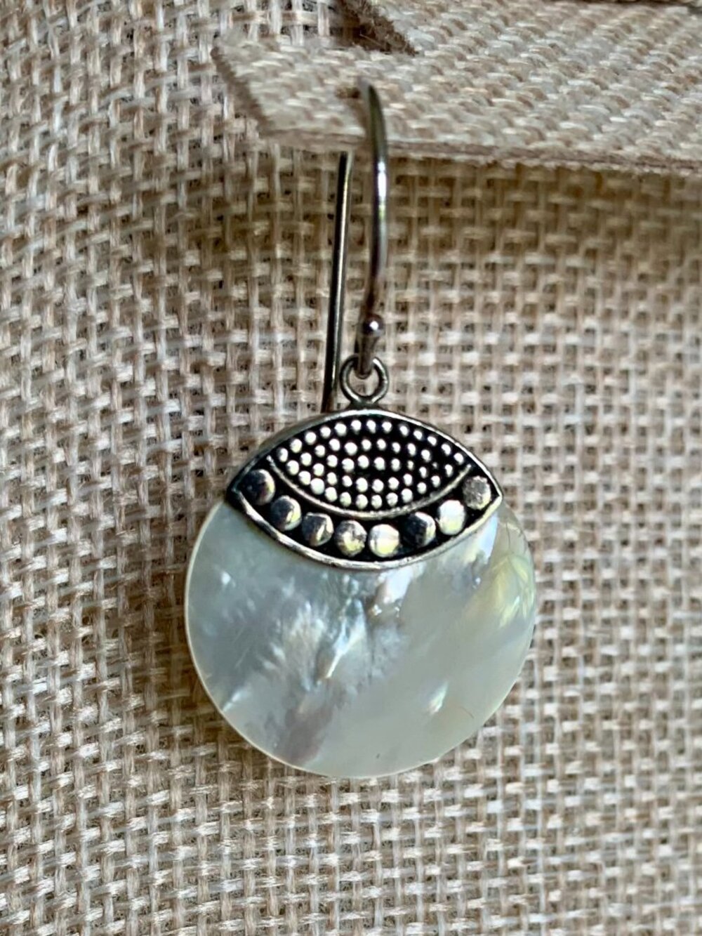 Vintage Balinese Sterling Silver Mother of Pearl Disc Drop Earrings Boho